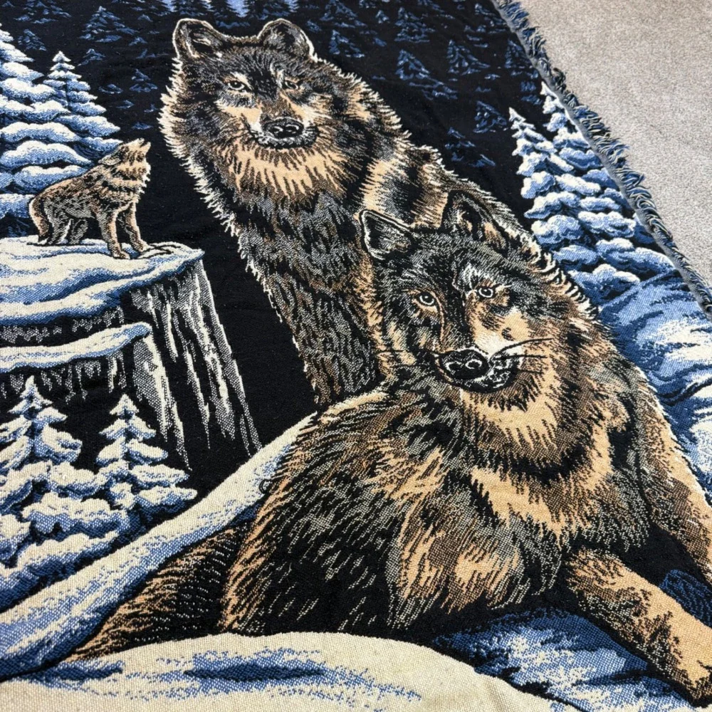 Fieldcrest Woven Wolf Throw Blanket 100% Cotton Fringed Tapestry 46x68 USA Made